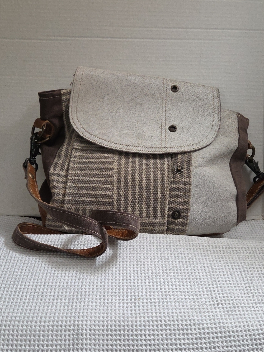 Myra Bag Beige and Brown Textured Woven Crossbody